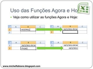 Uso de EstilosOs Estilos são formatos pré-configurados que vem no Excel e você pode aplicar na elaboração de sua tabela.Para aplicar tal recurso, você seleciona as células e clica em Estilos, após isso escolha o estilo desejado.Você também pode criar seus próprios estilos.www.michelfabiano.blogspot.com