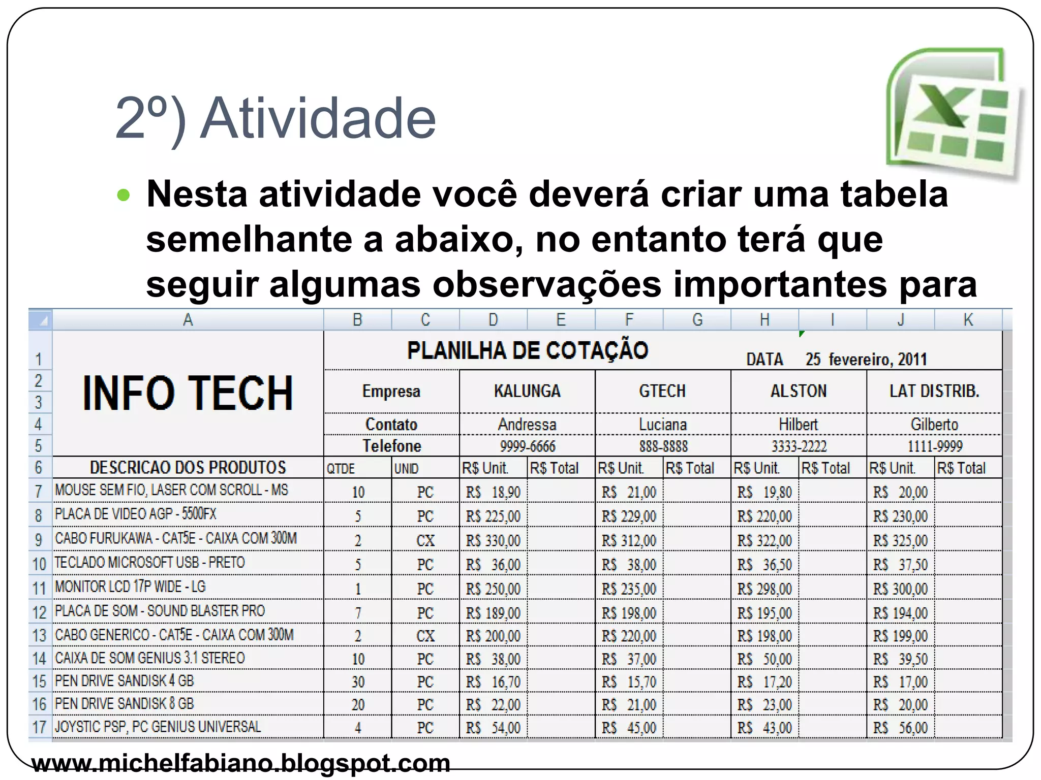 2º) AtividadeNesta atividade você deverá criar uma tabela semelhante a abaixo, no entanto terá que seguir algumas observações importantes para conclusão:www.michelfabiano.blogspot.com
