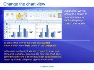 Change the chart view Create a chart But another way to look at the data is to compare sales for each salesperson, month over month.  To create this view of the chart, click  Switch Row/Column  in the  Data  group on the  Design  tab.  In the chart on the right, data is grouped by rows and compares worksheet columns. So now your chart says something different: It shows how each salesperson did, month by month, compared against themselves. 