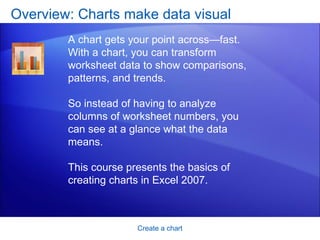 Overview: Charts make data visual Create a chart A chart gets your point across—fast. With a chart, you can transform worksheet data to show comparisons, patterns, and trends. So instead of having to analyze columns of worksheet numbers, you can see at a glance what the data means. This course presents the basics of creating charts in Excel 2007.  