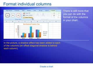 Format individual columns Create a chart There is still more that you can do with the format of the columns in your chart.  In the picture, a shadow effect has been added to each of the columns (an offset diagonal shadow is behind each column). 