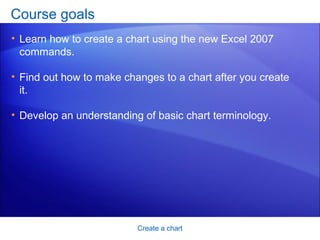 Course goals Learn how to create a chart using the new Excel 2007 commands. Find out how to make changes to a chart after you create it. Develop an understanding of basic chart terminology.  Create a chart 