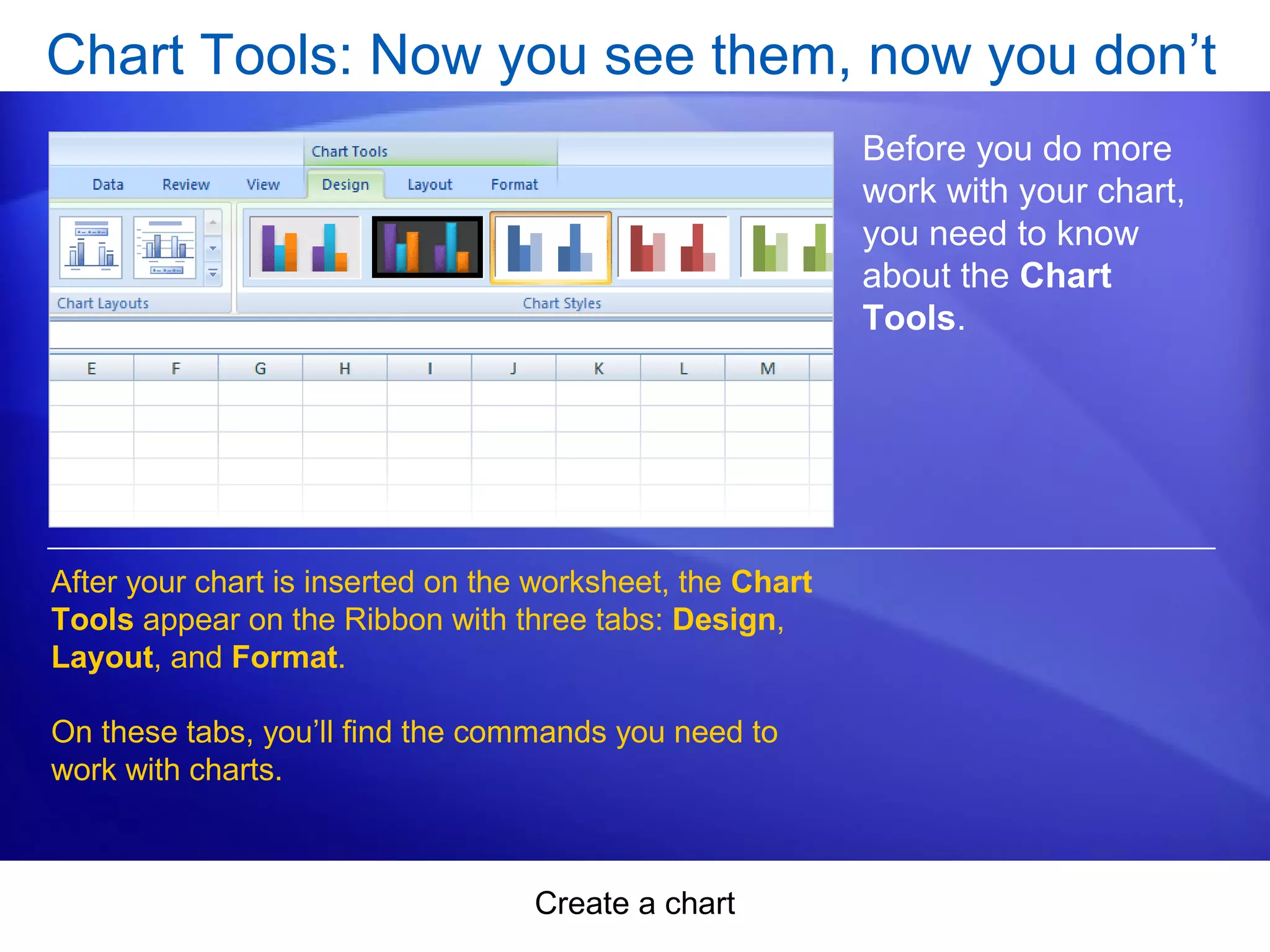 Create a chart
Chart Tools: Now you see them, now you don’t
Before you do more
work with your chart,
you need to know
about the Chart
Tools.
After your chart is inserted on the worksheet, the Chart
Tools appear on the Ribbon with three tabs: Design,
Layout, and Format.
On these tabs, you’ll find the commands you need to
work with charts.
 