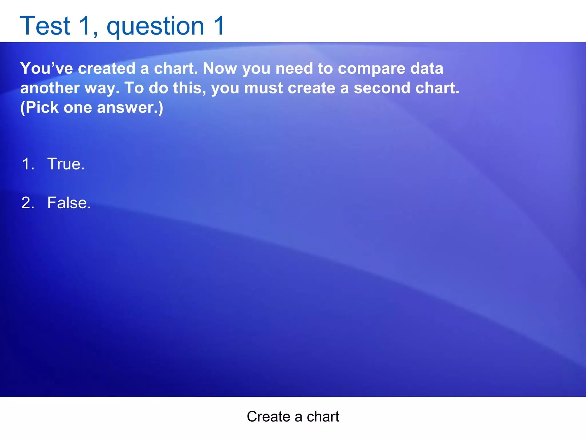 Create a chart
Test 1, question 1
You’ve created a chart. Now you need to compare data
another way. To do this, you must create a second chart.
(Pick one answer.)
1. True.
2. False.
 