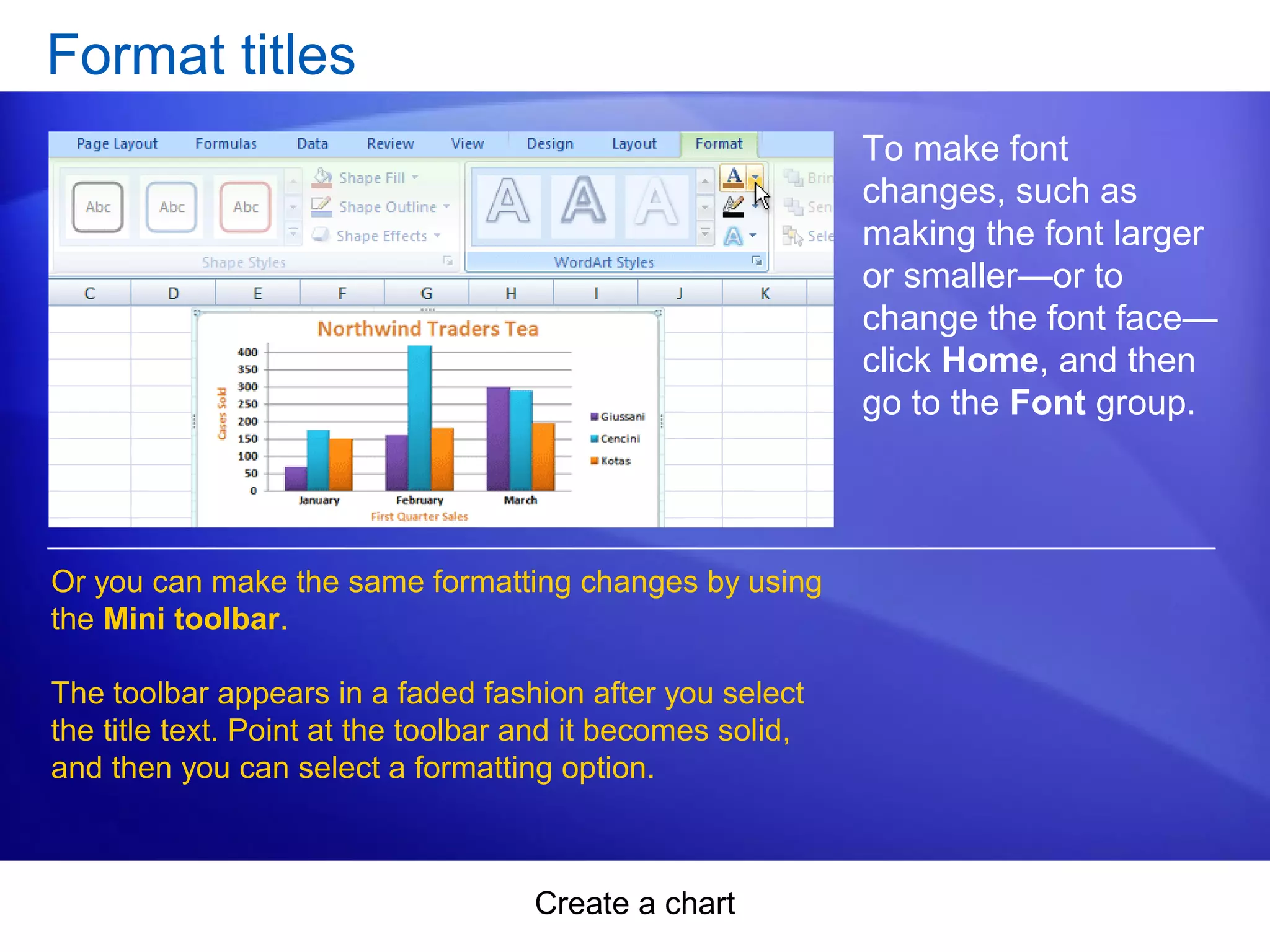 Create a chart
Format titles
To make font
changes, such as
making the font larger
or smaller—or to
change the font face—
click Home, and then
go to the Font group.
Or you can make the same formatting changes by using
the Mini toolbar.
The toolbar appears in a faded fashion after you select
the title text. Point at the toolbar and it becomes solid,
and then you can select a formatting option.
 