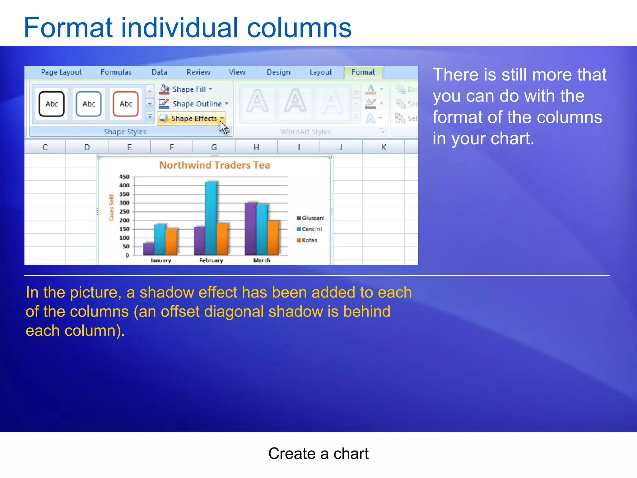 Create a chart
Format individual columns
There is still more that
you can do with the
format of the columns
in your chart.
In the picture, a shadow effect has been added to each
of the columns (an offset diagonal shadow is behind
each column).
 