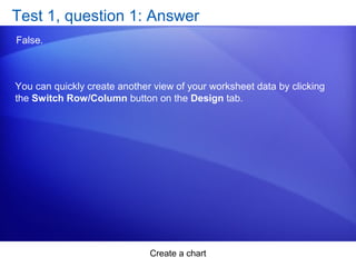 Create a chart
Test 1, question 1: Answer
False.
You can quickly create another view of your worksheet data by clicking
the Switch Row/Column button on the Design tab.
 