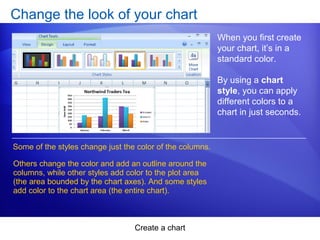 Create a chart
Change the look of your chart
When you first create
your chart, it’s in a
standard color.
By using a chart
style, you can apply
different colors to a
chart in just seconds.
Some of the styles change just the color of the columns.
Others change the color and add an outline around the
columns, while other styles add color to the plot area
(the area bounded by the chart axes). And some styles
add color to the chart area (the entire chart).
 