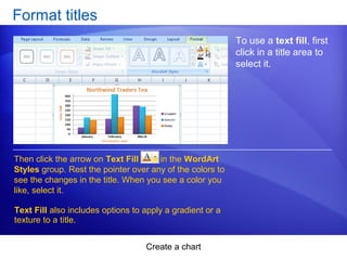 Create a chart
Format titles
To use a text fill, first
click in a title area to
select it.
Then click the arrow on Text Fill in the WordArt
Styles group. Rest the pointer over any of the colors to
see the changes in the title. When you see a color you
like, select it.
Text Fill also includes options to apply a gradient or a
texture to a title.
 