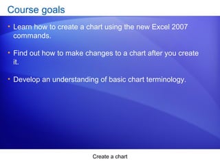 Create a chart
Course goals
• Learn how to create a chart using the new Excel 2007
commands.
• Find out how to make changes to a chart after you create
it.
• Develop an understanding of basic chart terminology.
 