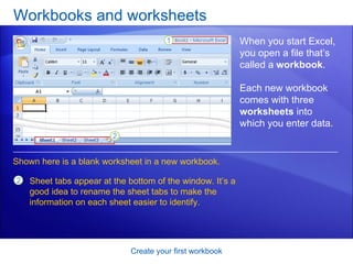 Workbooks and worksheets Create your first workbook When you start Excel, you open a file that’s called a  workbook .  Each new workbook comes with three  worksheets  into which you enter data.  Sheet tabs appear at the bottom of the window. It’s a good idea to rename the sheet tabs to make the information on each sheet easier to identify.  Shown here is a blank worksheet in a new workbook. 