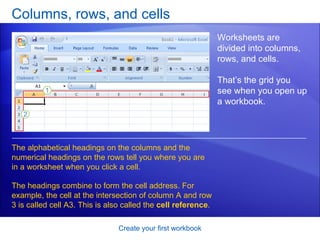 Columns, rows, and cells Create your first workbook Worksheets are divided into columns, rows, and cells.  That’s the grid you see when you open up a workbook. The alphabetical headings on the columns and the numerical headings on the rows tell you where you are in a worksheet when you click a cell.  The headings combine to form the cell address. For example, the cell at the intersection of column A and row 3 is called cell A3. This is also called the  cell reference . 