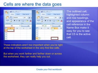 Cells are where the data goes Create your first workbook The outlined cell, highlighted column and row headings, and appearance of the cell reference in the Name Box   make it easy for you to see that C5 is the active cell. These indicators aren’t too important when you’re right at the top of the worksheet in the very first few cells. But when you work farther and farther down or across the worksheet, they can really help you out.  
