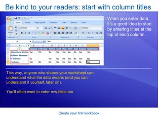 Be kind to your readers: start with column titles Create your first workbook When you enter data, it’s a good idea to start by entering titles at the top of each column.  This way, anyone who shares your worksheet can understand what the data means (and you can understand it yourself, later on).  You’ll often want to enter row titles too. 