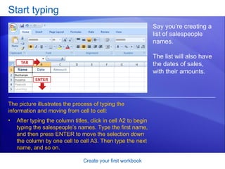 Start typing Create your first workbook Say you’re creating a list of salespeople names.  The list will also have the dates of sales, with their amounts. After typing the column titles, click in cell A2 to begin typing the salespeople’s names. Type the first name, and then press ENTER to move the selection  down  the column by one cell to cell A3. Then type the next name, and so on.  The picture illustrates the process of typing the information and moving from cell to cell:  