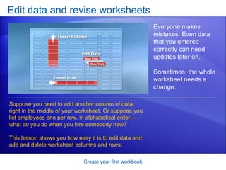 Edit data and revise worksheets Create your first workbook Everyone makes mistakes. Even data that you entered correctly can need updates later on. Sometimes, the whole worksheet needs a change.  Suppose you need to add another column of data, right in the middle of your worksheet. Or suppose you list employees one per row, in alphabetical order—what do you do when you hire somebody new? This lesson shows you how easy it is to edit data and add and delete worksheet columns and rows.  