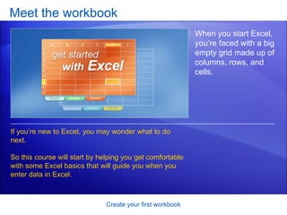 Meet the workbook Create your first workbook When you start Excel, you’re faced with a big empty grid made up of columns, rows, and cells. If you’re new to Excel, you may wonder what to do next.  So this course will start by helping you get comfortable with some Excel basics that will guide you when you enter data in Excel.  