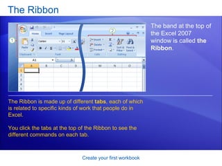 The Ribbon Create your first workbook The band at the top of the Excel 2007 window is called  the Ribbon .  The Ribbon is made up of different  tabs , each of which is related to specific kinds of work that people do in Excel.  You click the tabs at the top of the Ribbon to see the different commands on each tab.  