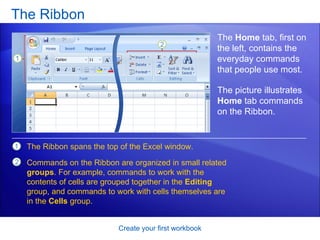 The Ribbon Create your first workbook The  Home  tab, first on the left, contains the everyday commands that people use most.  The Ribbon spans the top of the Excel window. Commands on the Ribbon are organized in small related  groups . For example, commands to work with the contents of cells are grouped together in the  Editing  group, and commands to work with cells themselves are in the  Cells  group.  The picture illustrates  Home  tab commands on the Ribbon. 