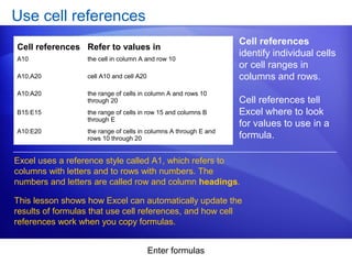 Enter formulas
Use cell references
Cell references
identify individual cells
or cell ranges in
columns and rows.
Cell references tell
Excel where to look
for values to use in a
formula.
Excel uses a reference style called A1, which refers to
columns with letters and to rows with numbers. The
numbers and letters are called row and column headings.
This lesson shows how Excel can automatically update the
results of formulas that use cell references, and how cell
references work when you copy formulas.
Cell references Refer to values in
A10 the cell in column A and row 10
A10,A20 cell A10 and cell A20
A10:A20 the range of cells in column A and rows 10
through 20
B15:E15 the range of cells in row 15 and columns B
through E
A10:E20 the range of cells in columns A through E and
rows 10 through 20
 