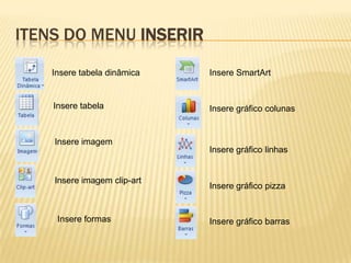 ITENS DO MENU INSERIR
Insere tabela dinâmica
Insere tabela
Insere imagem
Insere imagem clip-art
Insere formas
Insere SmartArt
Insere gráfico colunas
Insere gráfico linhas
Insere gráfico pizza
Insere gráfico barras
 