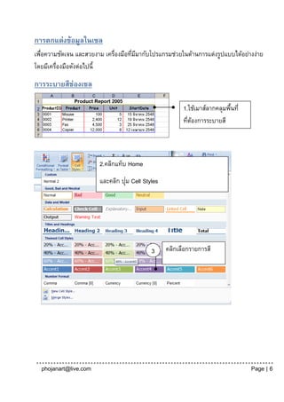 การตกแต่งข้อมูลในเซล
เพือความชัดเจน และสวยงาม เครื่องมือทีมมากับโปรแกรมช่วยในด้านการแต่งรูปแบบได้อย่างง่าย
  ่                                  ่ ี
โดยมีเครื่องมือดังต่อไปนี้

การระบายสีช่องเซล

                                                        1.ใช้เมาส์ลากคลุมพืนที่
                                                                           ้
                                                        ทีตองการระบายสี
                                                          ่ ้




                        2.คลิกแท็บ Home
                                  ่
                        และคลิก ปุม Cell Styles




                                            3     คลิกเลือกรายการสี




  phojanart@live.com                                                              Page | 6
 