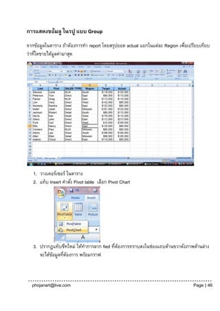 การแสดงขอ้มลู ในรปู แบบ Group
จากข้อมูลในตาราง ถ้าต้องการทา report โดยสรุปยอด actual แยกในแต่ละ Region เพือเปรียบเทียบ
                                                                           ่
ว่าทีใดขายได้มลค่ามาสุด
     ่        ู




   1. วางเคอร์เซอร์ ในตาราง
   2. แท็บ Insert คาสัง่ Pivot table เลือก Pivot Chart




   3. ปรากฏแท็บชีทใหม่ ให้ทาการลาก fied ทีตองการทราบสงในช่องแถบด้านขวาดังภาพด้านล่าง
                                          ่ ้
      จะได้ขอมูลทีตองการ พร้อมกราฟ
            ้     ่ ้



  phojanart@live.com                                                            Page | 46
 