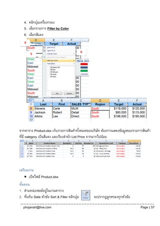 ่
   4. คลิกปุมเครื่องกรอง
   5. เลือกรายการ Filter by Color
   6. เลือกสีแดง




จากตาราง Product.xlsx เก็บรายการสินค้าทังหมดของบริษท ต้องการแสดงข้อมูลของรายการสินค้า
                                             ้           ั
ทีมี category เป็ นสีแดง และเรียงลาดัง List Price จากมากไปน้อย
  ่




เตรียมงาน
     เปิดไฟล์ Product.xlsx
ขันตอน
  ้
1. ตาแหน่งเซลล์อยูในงานตาราง
                   ่
     ่                                    ่
2. ทีแท็บ Data หัวข้อ Sort & Filter คลิกปุม     จะปรากฏลูกศรลงทุกหัวข้อ

  phojanart@live.com                                                          Page | 57
 