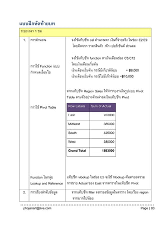 แบบฝึ กหัดท้ายบท
ระยะเวลา 1 ชม
 1. การคานวณ                  จงใช้แท็บชีท cal คานวณหา เงินทีจายจริง ในช่อง E2:E9
                                                             ่่
                               โดยคิดจาก ราคาสินค้า หัก เปอร์เซ็นต์ ส่วนลด

                              จงใช้แท็บชีท function หาเงินเดือนช่อง C5:C12
     การใช้ Function แบบ      โดยเงินเดือนเริมต้น
                                              ่
     กาหนดเงือนไข
              ่               เงินเดือนเริมต้น กรณีมเี กียรตินิยม
                                          ่                            = ฿8,000
                              เงินเดือนเริมต้น กรณีไม่มเี กีรตินิยม =฿10,000
                                            ่


                           จากแท็บชีท Region Sales ให้ทารายงานในรูปแบบ Pivot
                           Table ตามตัวอย่างด้านล่างลงในแท็บชีท Pivot

     การใช้ Pivot Table     Row Labels      Sum of Actual
                            East                     703000
                            Midwest                  385000
                            South                    425000
                            West                     380000
                            Grand Total             1893000




     Function ในกลุม
                   ่      แท็บชีท vlookup ในช่อง E5 จงใช้ Vlookup ค้นหายอดรวม
     Lookup and Reference การขาย Actual ของ East จากตารางในแท็บชีท Pivot
 2. การเรียงลาดับข้อมูล       จากแท็บชีท filter จงกรองข้อมูลในตาราง โดยเรียง region
                               จากมากไปน้อย

 phojanart@live.com                                                               Page | 83
 