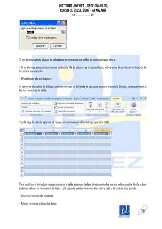 INSTITUTO JIMENEZ – SEDE GUAPILES
                                         CURSO DE EXCEL 2007 - AVANZADO
                                                 << ------------ >>




Si nos hemos saltado el paso de seleccionar previamente las celdas, lo podemos hacer ahora.

- Si en el rango seleccionado hemos incluido la fila de cabeceras (recomendado), activaremos la casilla de verificación La
lista tiene encabezados.

- Al final hacer clic en Aceptar.

Al cerrarse el cuadro de diálogo, podemos ver que en la banda de opciones aparece la pestaña Diseño, correspondiente a
las Herramientas de tabla:




Y en la hoja de cálculo aparece en rango seleccionado con el formato propio de la tabla.




Para modificar o introducir nuevos datos en la tabla podemos teclear directamente los nuevos valores sobre la ella, o bien
podemos utilizar un formulario de datos. Esta segunda opción viene muy bien sobre todo si la lista es muy grande.

- Crear un resumen de los datos.

- Aplicar formatos a todos los datos.

                                                                                                                    120
 
