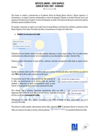 INSTITUTO JIMENEZ – SEDE GUAPILES
                                       CURSO DE EXCEL 2007 - AVANZADO
                                               << ------------ >>

Para buscar un registro y posicionarnos en él podemos utilizar los botones Buscar anterior y Buscar siguiente o ir
directamente a un registro concreto introduciendo un criterio de búsqueda. Pulsamos en el botón Criterios con lo cual
pasamos al formulario para introducir el criterio de búsqueda, es similar al formulario de datos pero encima de la columna
de botones aparece la palabra Criterios.

Por ejemplo, si buscamos un registro con el valor Ana en el campo Nombre, escribimos Ana en Nombre y pulsamos el botón
Buscar Siguiente, Excel vuelve al formulario de datos y nos posiciona en el registro de nombre Ana.

     Modificar la estructura de la tabla




Pulsando en el icono Cambiar tamaño de la tabla, podemos seleccionar un nuevo rango de datos. Pero si la tabla contiene
encabezados, estos deben permanecer en la misma posición, así que sólo podremos aumentar y disminuir filas.

Podemos modificar directamente el rango de filas y columnas, estirando o encogiendo la tabla desde su esquina inferior


derecha.

Cuando necesitemos añadir una fila al final de la tabla para continuar introduciendo datos, sólo tendremos que pulsar la
tecla TAB desde la última celda y aparecerá una fila nueva.

Si necesitamos insertar filas y columnas entre las filas existentes de
la tabla, nos posicionaremos en la primera celda que queremos
desplazar y elegiremos la opción correspondiente desde el menú
Insertar, en la pestaña de Inicio o en el menú contextual de la tabla.

Para eliminar filas o columnas, deberemos posicionarnos sobre una celda, y
elegiremos Filas o Columnas de la tabla en el menú Eliminar, disponible en la pestaña
de Inicio y en el menú contextual de la tabla.

Seleccionando una celda, fila o columna, y pulsando la tecla SUPR, eliminamos los datos seleccionados, pero no la
estructura de la tabla.

Para eliminar la tabla completa, seleccionamos toda la tabla y pulsamos SUPR. Si deseamos eliminar la estructura d ela
tabla, pero conservar los datos en la hoja, entonces pulsamos                           en la pestaña de Diseño de la tabla.




                                                                                                                       122
 