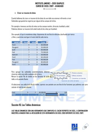 INSTITUTO JIMENEZ – SEDE GUAPILES
                                       CURSO DE EXCEL 2007 - AVANZADO
                                               << ------------ >>
     Crear un resumen de datos

Cuando hablamos de crear un resumen de los datos de una tabla nos estamos refiriendo a crear
Subtotales agrupando los registros por alguno de los campos de la lista.

Por ejemplo si tenemos una lista de niños con los campos nombre, dirección, localidad y edad;
Podemos obtener un resumen de la edad media de los niños por localidad.

Otro ejemplo, el que te enseñamos abajo, disponemos de una lista de vehículos clasificados por marca
y Años; y queremos averiguar el costo total de cada marca.




Para agregar los subtotales automáticamente debemos
situarnos sobre una celda cualquiera de la lista y
Marcar la opción Fila de totales en las Opciones de estilo de
tabla, en la pestaña Diseño

Al seleccionar una celda de la fila de totales, aparece una pestaña con una lista de las funciones que podemos usar para
calcular el total de esa columna.




Sección 16. Las Tablas dinámicas

LAS TABLAS DINAMICAS SON UNA HERRAMIENTA QUE SIMPLIFICA EL SACAR REPORTES EN EXCEL, A CONTINUACION
MUESTRO LA IMAGEN PARA LA APLICACIÓN DE ESTA HERRAMIENTA EN EXCEL 2003 DIFERENTE DE EXCEL 2007.




                                                                                                                  128
 