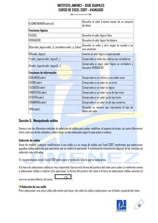 INSTITUTO JIMENEZ – SEDE GUAPILES
                                         CURSO DE EXCEL 2007 - AVANZADO
                                                 << ------------ >>
                                                                Devuelve el valor k-ésimo menor de un conjunto
          K.ESIMO.MENOR(matriz;k)
                                                                de datos
          Funciones lógicas
          FALSO()                                               Devuelve el valor lógico Falso
          VERDADERO                                             Devuelve el valor lógico Verdadero
                                                                Devuelve un valor u otro, según se cumpla o no
          SI(prueba_logica;valor_si_verdadero;valor_si_falso)
                                                                una condición
          NO(valor_lógico)                                      Invierte el valor lógico proporcionado
          Y(valor_logico1;valor_logico2;...)                    Comprueba si todos los valores son verdaderos
                                                                Comprueba si algún valor lógico es verdadero y
          O(valor_logico1;valor_logico2;...)
                                                                devuelve VERDADERO
          Funciones de información
          ESBLANCO(valor)                                       Comprueba si se refiere a una celda vacía
          ESERR(valor)                                          Comprueba si un valor es un error
          ESLOGICO(valor)                                       Comprueba si un valor es lógico
          ESNOTEXTO(valor)                                      Comprueba si un valor no es de tipo texto
          ESTEXTO(valor)                                        Comprueba si un valor es de tipo texto
          ESNUMERO(valor)                                       Comprueba si un valor es de tipo numérico
                                                                Devuelve un número que representa el tipo de
          TIPO(valor)
                                                                datos del valor


Sección 5. Manipulando celdas

Vamos a ver los diferentes métodos de selección de celdas para poder modificar el aspecto de éstas, así como diferenciar
entre cada uno de los métodos y saber elegir el más adecuado según la operación a realizar.

Selección de celdas
Antes de realizar cualquier modificación a una celda o a un rango de celdas con Excel 2007, tendremos que seleccionar
aquellas celdas sobre las que queremos que se realice la operación. A continuación encontrarás algunos de los métodos de
selección más utilizados.

Te recomendamos iniciar Excel 2007 ahora para ir probando todo lo que te explicamos.

A la hora de seleccionar celdas es muy importante fijarse en la forma del puntero del ratón para saber si realmente vamos
a seleccionar celdas o realizar otra operación. La forma del puntero del ratón a la hora de seleccionar celdas consiste en

una cruz gruesa blanca, tal como:                     .

  Selección de una celda
Para seleccionar una única celda sólo tienes que hacer clic sobre la celda a seleccionar con el botón izquierdo del ratón.



                                                                                                                       48
 
