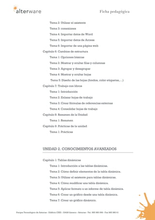 Ficha pedagógica

                                   Tema 2: Utilizar el asistente

                                   Tema 3: conexiones
                                   Tema 4: Importar datos de Word
                                   Tema 5: Importar datos de Access

                                   Tema 6: Importar de una página web
                            Capítulo 6: Cambios de estructura
                                   Tema 1: Opciones básicas

                                   Tema 2: Mostrar y ocultar filas y columnas
                                   Tema 3: Agrupar y desagrupar
                                   Tema 4: Mostrar y ocultar hojas

                                    Tema 5: Diseño de las hojas (fondos, color etiquetas,…)
                            Capítulo 7: Trabajo con libros
                                   Tema 1: Introducción

                                   Tema 2: Enlazar hojas de trabajo
                                   Tema 3: Crear fórmulas de referencias externas
                                   Tema 4: Consolidar hojas de trabajo
                            Capítulo 8: Resumen de la Unidad
                                   Tema 1: Resumen
                            Capítulo 9: Prácticas de la unidad
                                   Tema 1: Prácticas




                            UNIDAD 2. CONOCIMIENTOS AVANZADOS

                            Capítulo 1: Tablas dinámicas
                                   Tema 1: Introducción a las tablas dinámicas.
                                   Tema 2: Cómo definir elementos de la tabla dinámica.

                                   Tema 3: Utilizar el asistente para tablas dinámicas.
                                   Tema 4: Cómo modificar una tabla dinámica.
                                   Tema 5: Aplicar formato a un informe de tabla dinámica.

                                   Tema 6: Crear un gráfico desde una tabla dinámica.
                                   Tema 7: Crear un gráfico dinámico.



Parque Tecnológico de Asturias - Edificio CEEI - 33428 Llanera - Asturias - Tel. 985 980 098 - Fax 985 980 61
 
