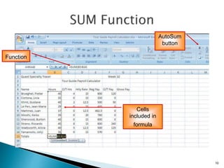 10
Cells
included in
formula
Function
AutoSum
button
 