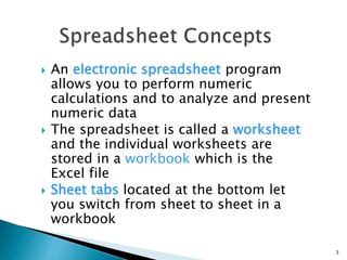  An electronic spreadsheet program
allows you to perform numeric
calculations and to analyze and present
numeric data
 The spreadsheet is called a worksheet
and the individual worksheets are
stored in a workbook which is the
Excel file
 Sheet tabs located at the bottom let
you switch from sheet to sheet in a
workbook
3
 