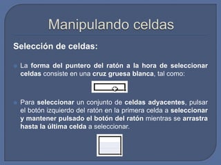 Selección de celdas:

   La forma del puntero del ratón a la hora de seleccionar
    celdas consiste en una cruz gruesa blanca, tal como:



   Para seleccionar un conjunto de celdas adyacentes, pulsar
    el botón izquierdo del ratón en la primera celda a seleccionar
    y mantener pulsado el botón del ratón mientras se arrastra
    hasta la última celda a seleccionar.
 