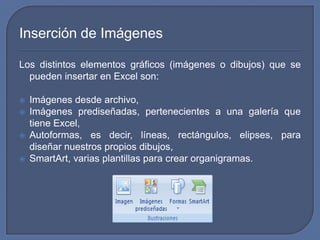 Inserción de Imágenes

Los distintos elementos gráficos (imágenes o dibujos) que se
  pueden insertar en Excel son:

   Imágenes desde archivo,
   Imágenes prediseñadas, pertenecientes a una galería que
    tiene Excel,
   Autoformas, es decir, líneas, rectángulos, elipses, para
    diseñar nuestros propios dibujos,
   SmartArt, varias plantillas para crear organigramas.
 