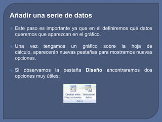 Añadir una serie de datos
   Este paso es importante ya que en él definiremos qué datos
    queremos que aparezcan en el gráfico.

   Una vez tengamos un gráfico sobre la hoja de
    cálculo, aparecerán nuevas pestañas para mostrarnos nuevas
    opciones.

   Si observamos la pestaña Diseño encontraremos dos
    opciones muy útiles:
 