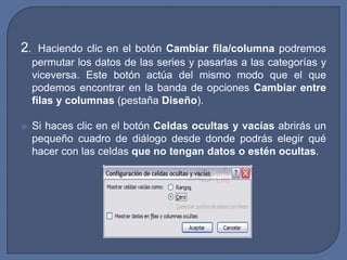 2.     Haciendo clic en el botón Cambiar fila/columna podremos
     permutar los datos de las series y pasarlas a las categorías y
     viceversa. Este botón actúa del mismo modo que el que
     podemos encontrar en la banda de opciones Cambiar entre
     filas y columnas (pestaña Diseño).

    Si haces clic en el botón Celdas ocultas y vacías abrirás un
     pequeño cuadro de diálogo desde donde podrás elegir qué
     hacer con las celdas que no tengan datos o estén ocultas.
 