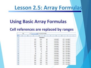 Lesson 2.5: Array Formulas
Using Basic Array Formulas
Cell references are replaced by ranges
 