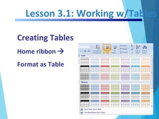 Lesson 3.1: Working w/Tables
Creating Tables
Home ribbon 
Format as Table
 