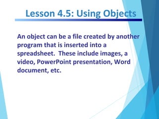 Lesson 4.5: Using Objects
An object can be a file created by another
program that is inserted into a
spreadsheet. These include images, a
video, PowerPoint presentation, Word
document, etc.
 