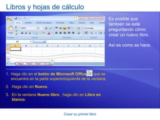 Libros y hojas de cálculo
                                                            Es posible que
                                                            también se esté
                                                            preguntando cómo
                                                            crear un nuevo libro.

                                                            Así es como se hace.




1. Haga clic en el botón de Microsoft Office      que se
   encuentra en la parte superiorizquierda de la ventana.
2. Haga clic en Nuevo.

3. En la ventana Nuevo libro , haga clic en Libro en
   blanco.


                                Crear su primer libro
 