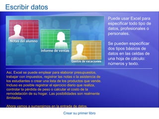 Escribir datos
                                                                 Puede usar Excel para
                                                                 especificar todo tipo de
                                                                 datos, profesionales o
                                                                 personales.

                                                                 Se pueden especificar
                                                                 dos tipos básicos de
                                                                 datos en las celdas de
                                                                 una hoja de cálculo:
                                                                 números y texto.

Así, Excel se puede emplear para elaborar presupuestos,
trabajar con impuestos, registrar las notas o la asistencia de
los estudiantes o crear una lista de los productos que vende.
Incluso es posible registrar el ejercicio diario que realiza,
controlar la pérdida de peso o calcular el costo de la
remodelación de su hogar. Las posibilidades son realmente
ilimitadas.

Ahora vamos a sumergirnos en la entrada de datos.
                                     Crear su primer libro
 