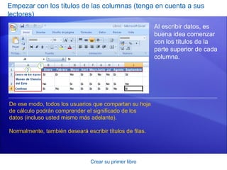 Empezar con los títulos de las columnas (tenga en cuenta a sus
lectores)
                                                          Al escribir datos, es
                                                          buena idea comenzar
                                                          con los títulos de la
                                                          parte superior de cada
                                                          columna.




De ese modo, todos los usuarios que compartan su hoja
de cálculo podrán comprender el significado de los
datos (incluso usted mismo más adelante).

Normalmente, también deseará escribir títulos de filas.




                                Crear su primer libro
 