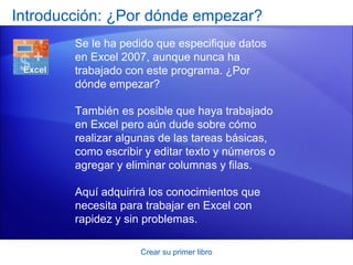 Introducción: ¿Por dónde empezar?
        Se le ha pedido que especifique datos
        en Excel 2007, aunque nunca ha
        trabajado con este programa. ¿Por
        dónde empezar?

        También es posible que haya trabajado
        en Excel pero aún dude sobre cómo
        realizar algunas de las tareas básicas,
        como escribir y editar texto y números o
        agregar y eliminar columnas y filas.

        Aquí adquirirá los conocimientos que
        necesita para trabajar en Excel con
        rapidez y sin problemas.

                     Crear su primer libro
 