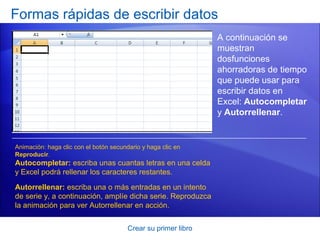 Formas rápidas de escribir datos
                                                                A continuación se
                                                                muestran
                                                                dosfunciones
                                                                ahorradoras de tiempo
                                                                que puede usar para
                                                                escribir datos en
                                                                Excel: Autocompletar
                                                                y Autorrellenar.


Animación: haga clic con el botón secundario y haga clic en
Reproducir.
Autocompletar: escriba unas cuantas letras en una celda
y Excel podrá rellenar los caracteres restantes.

Autorrellenar: escriba una o más entradas en un intento
de serie y, a continuación, amplíe dicha serie. Reproduzca
la animación para ver Autorrellenar en acción.


                                        Crear su primer libro
 
