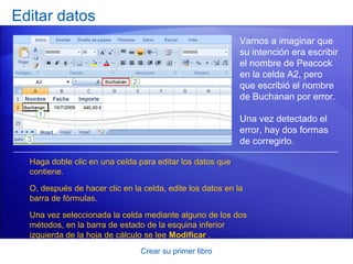 Editar datos
                                                            Vamos a imaginar que
                                                            su intención era escribir
                                                            el nombre de Peacock
                                                            en la celda A2, pero
                                                            que escribió el nombre
                                                            de Buchanan por error.

                                                            Una vez detectado el
                                                            error, hay dos formas
                                                            de corregirlo.

  Haga doble clic en una celda para editar los datos que
  contiene.

  O, después de hacer clic en la celda, edite los datos en la
  barra de fórmulas.

  Una vez seleccionada la celda mediante alguno de los dos
  métodos, en la barra de estado de la esquina inferior
  izquierda de la hoja de cálculo se lee Modificar .
                                Crear su primer libro
 