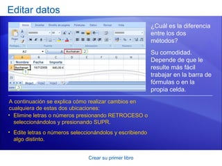 Editar datos
                                                          ¿Cuál es la diferencia
                                                          entre los dos
                                                          métodos?
                                                          Su comodidad.
                                                          Depende de que le
                                                          resulte más fácil
                                                          trabajar en la barra de
                                                          fórmulas o en la
                                                          propia celda.
A continuación se explica cómo realizar cambios en
cualquiera de estas dos ubicaciones:
• Elimine letras o números presionando RETROCESO o
  seleccionándolos y presionando SUPR.
• Edite letras o números seleccionándolos y escribiendo
  algo distinto.


                               Crear su primer libro
 